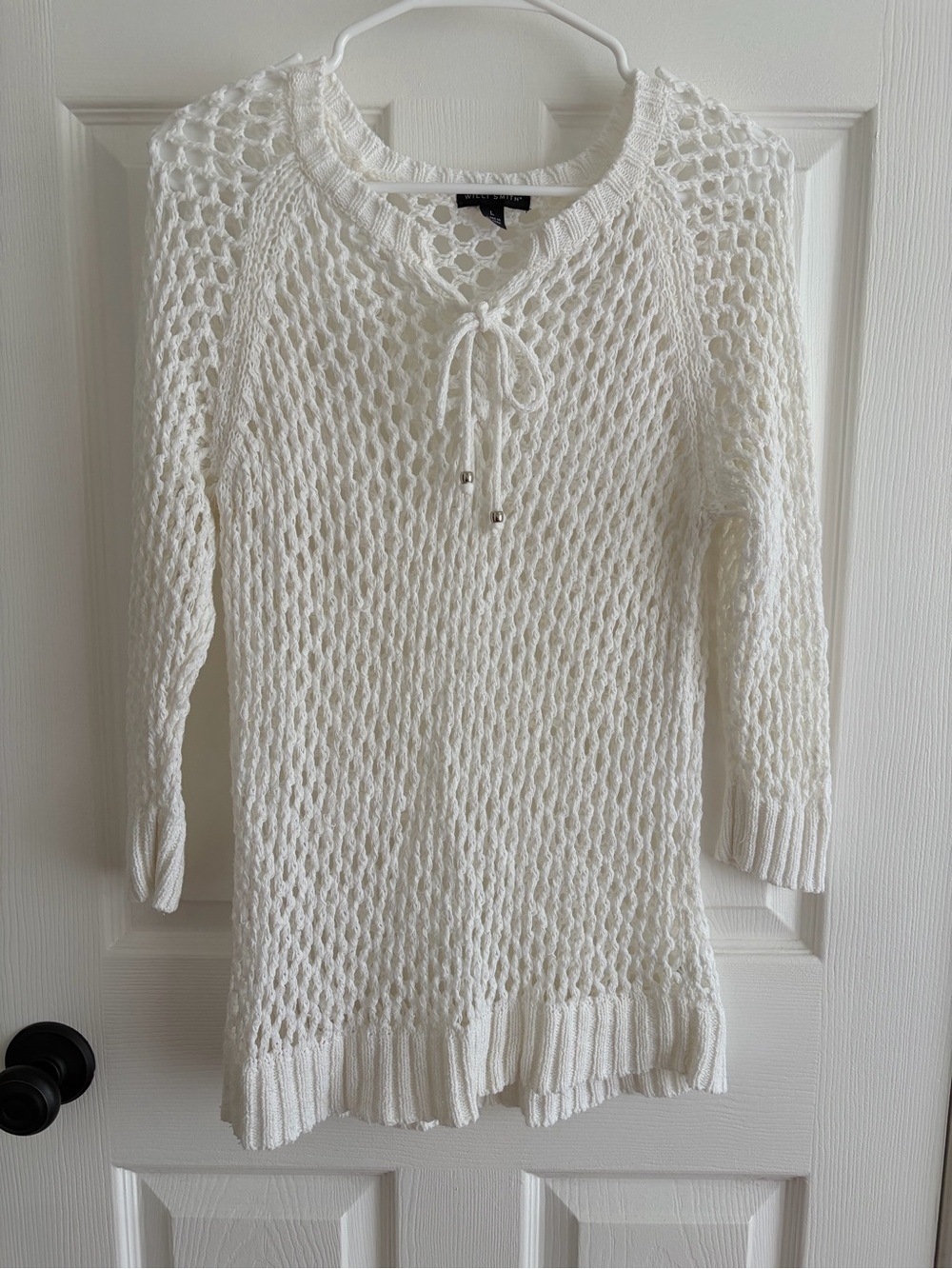 Willi Smith White Open-Knit Tie-Neck Sweater